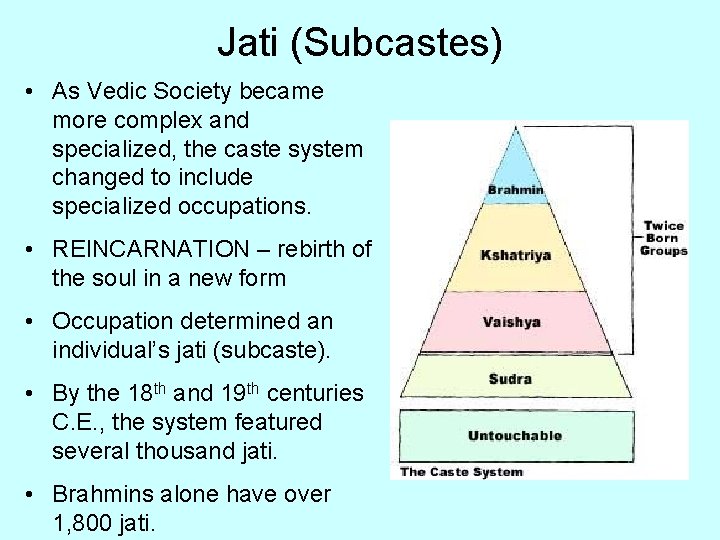 Jati (Subcastes) • As Vedic Society became more complex and specialized, the caste system