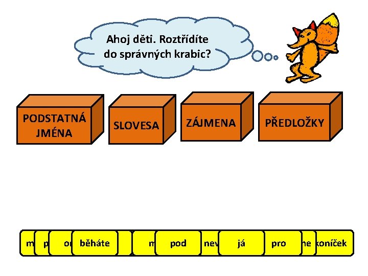 Ahoj děti. Roztřídíte do správných krabic? PODSTATNÁ JMÉNA SLOVESA ZÁJMENA PŘEDLOŽKY medvěd píchne onaběháte