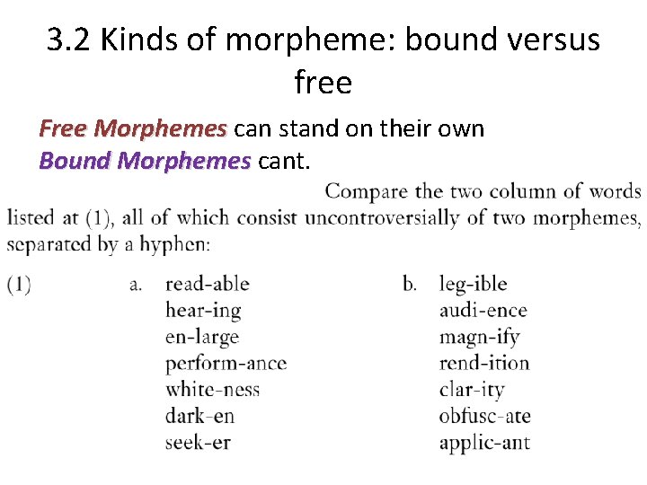 3. 2 Kinds of morpheme: bound versus free Free Morphemes can stand on their