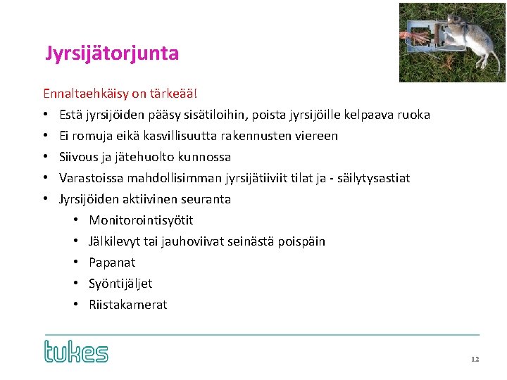 Jyrsijätorjunta Ennaltaehkäisy on tärkeää! • • • Estä jyrsijöiden pääsy sisätiloihin, poista jyrsijöille kelpaava