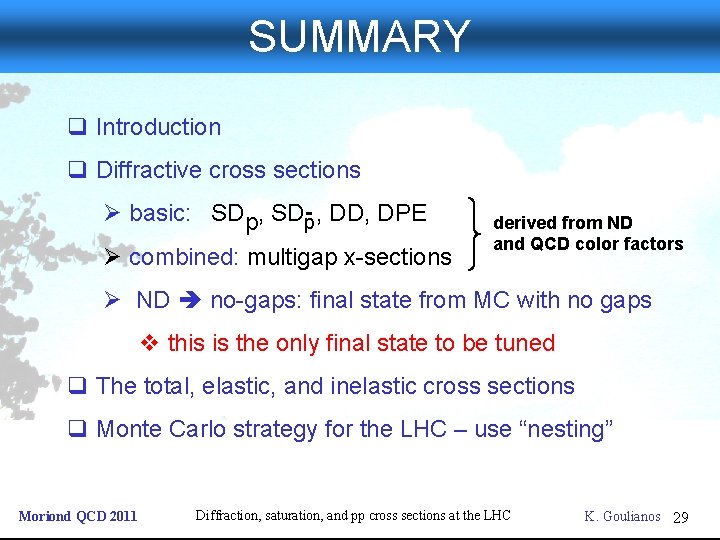 SUMMARY q Introduction q Diffractive cross sections Ø basic: SDp, DD, DPE Ø combined: