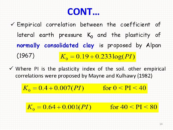 CONT… ü Empirical correlation between the coefficient of lateral earth pressure K 0 and