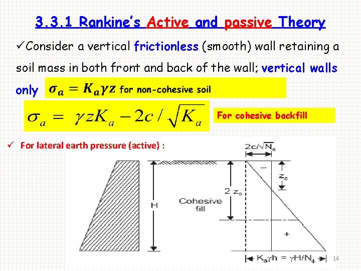 3. 3. 1 Rankine’s Active and passive Theory üConsider a vertical frictionless (smooth) wall