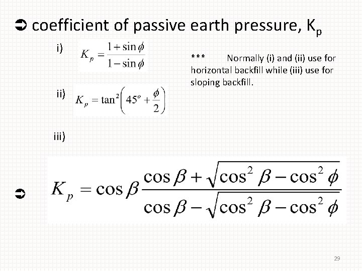  coefficient of passive earth pressure, Kp i) ii) *** Normally (i) and (ii)