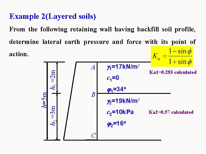 Example 2(Layered soils) From the following retaining wall having backfill soil profile, determine lateral