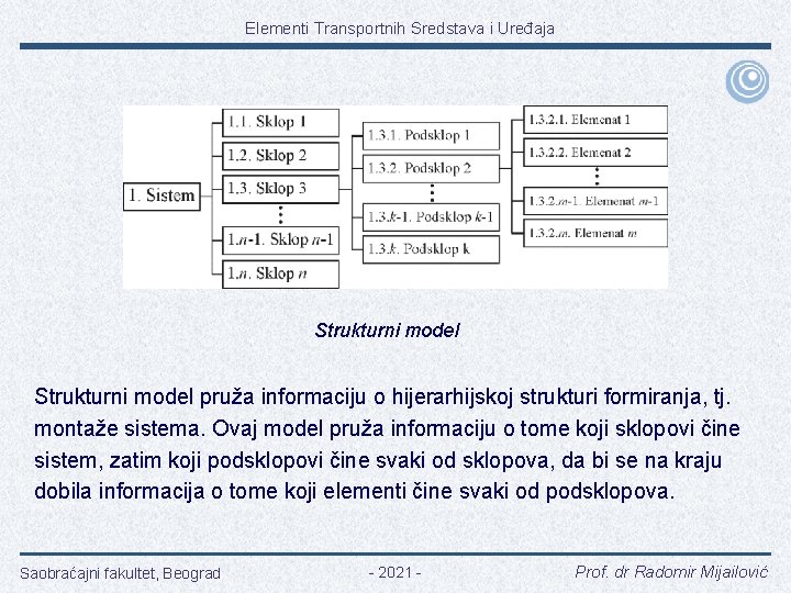 Elementi Transportnih Sredstava i Uređaja Strukturni model pruža informaciju o hijerarhijskoj strukturi formiranja, tj.