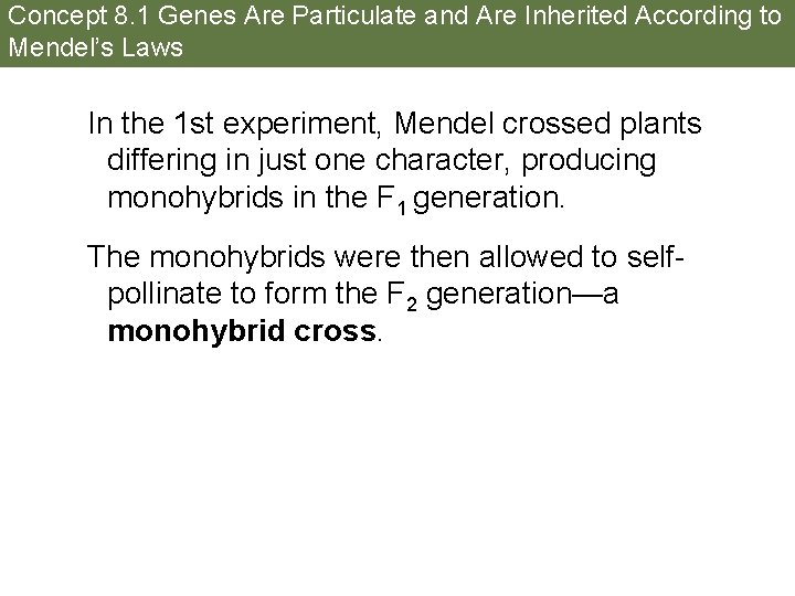 Concept 8. 1 Genes Are Particulate and Are Inherited According to Mendel’s Laws In