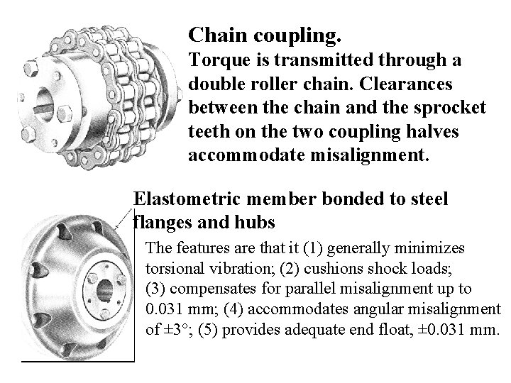 Chain coupling. Torque is transmitted through a double roller chain. Clearances between the chain