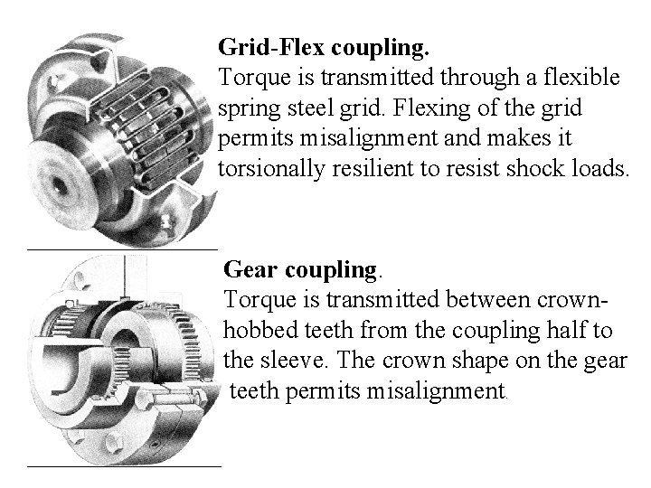 Grid-Flex coupling. Torque is transmitted through a flexible spring steel grid. Flexing of the