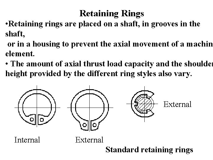 Retaining Rings • Retaining rings are placed on a shaft, in grooves in the