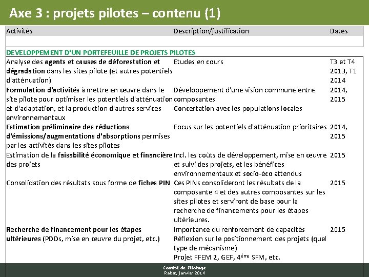 Axe 3 : projets pilotes – contenu (1) Activités Description/justification DEVELOPPEMENT D'UN PORTEFEUILLE DE