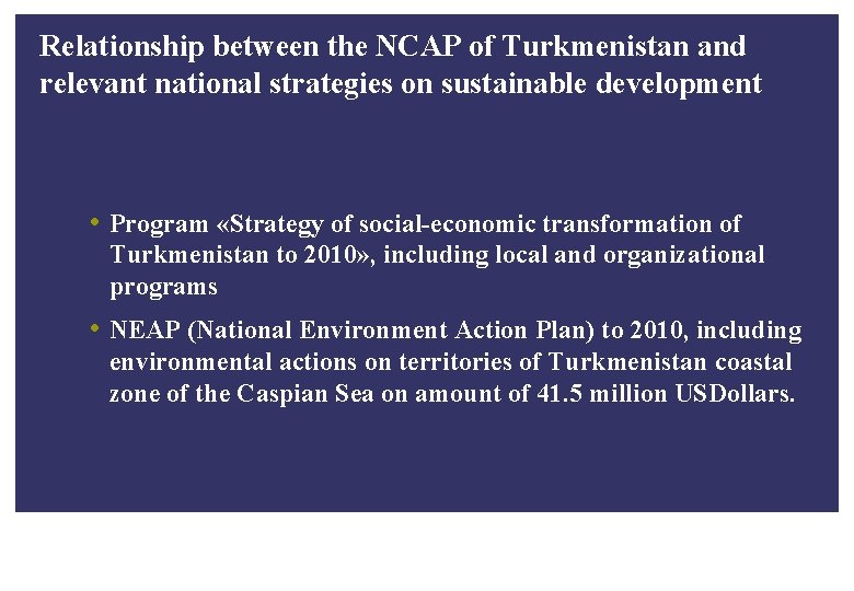 Relationship between the NCAP of Turkmenistan and relevant national strategies on sustainable development •