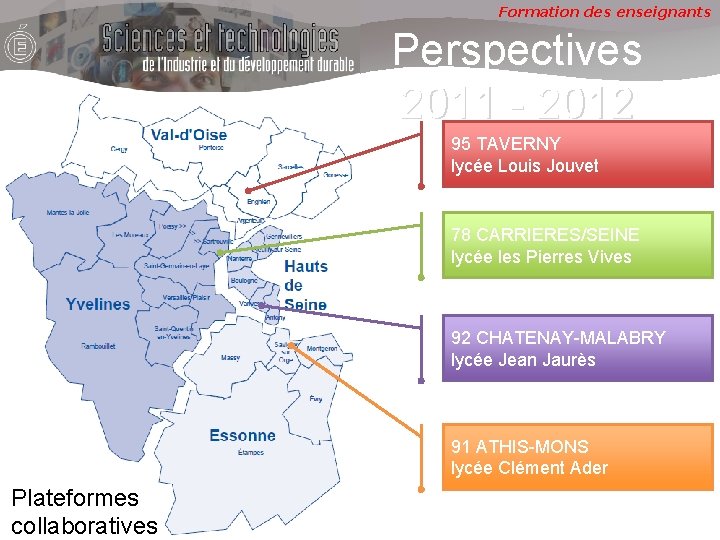 Formation des enseignants Perspectives 2011 - 2012 95 TAVERNY lycée Louis Jouvet 78 CARRIERES/SEINE
