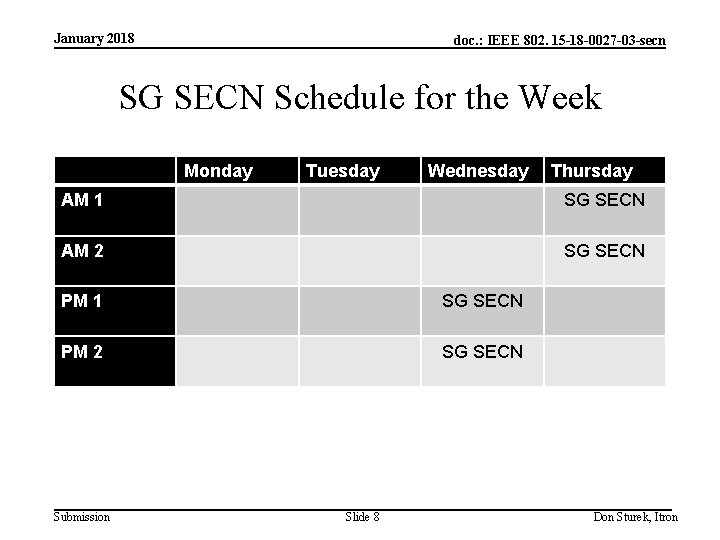 January 2018 doc. : IEEE 802. 15 -18 -0027 -03 -secn SG SECN Schedule