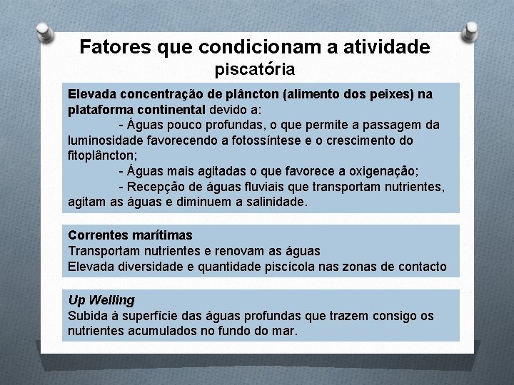 Fatores que condicionam a atividade piscatória Elevada concentração de plâncton (alimento dos peixes) na