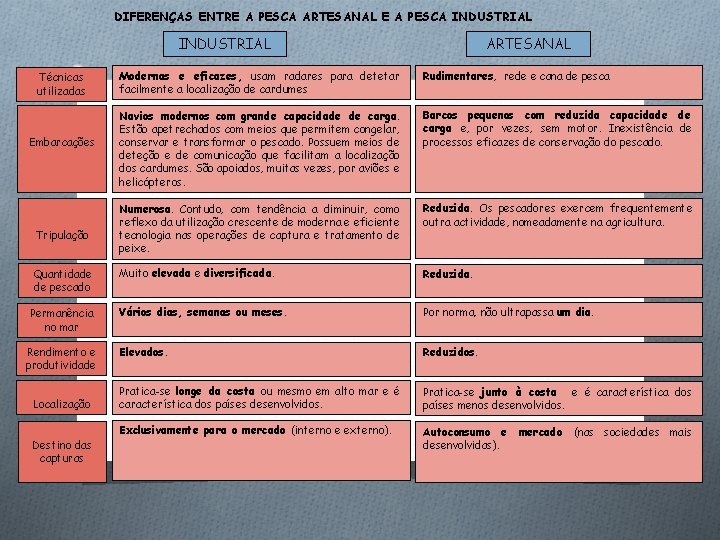 DIFERENÇAS ENTRE A PESCA ARTESANAL E A PESCA INDUSTRIAL ARTESANAL Modernas e eficazes, usam