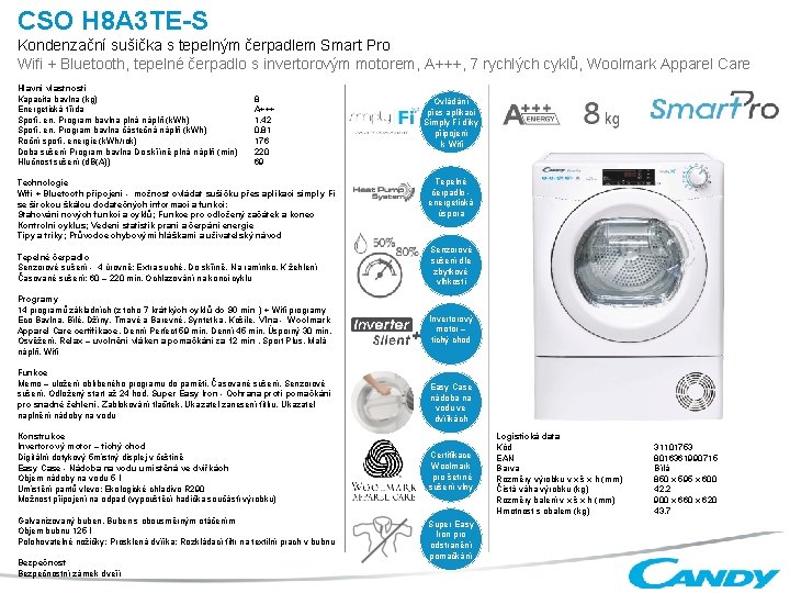 CSO H 8 A 3 TE-S Kondenzační sušička s tepelným čerpadlem Smart Pro Wifi