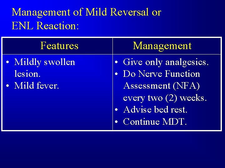 Management of Mild Reversal or ENL Reaction: Features • Mildly swollen lesion. • Mild
