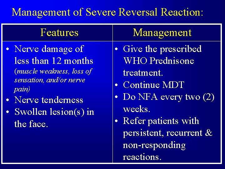 Management of Severe Reversal Reaction: Features • Nerve damage of less than 12 months