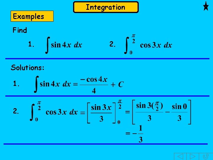 Examples Integration Find 1. Solutions: 1. 2. 