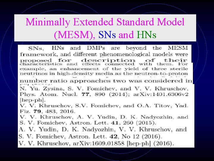 Minimally Extended Standard Model (MESM), SNs and HNs 