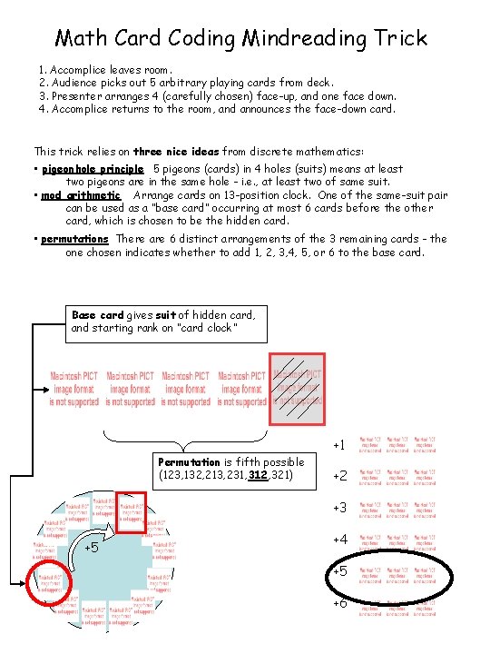 Math Card Coding Mindreading Trick 1. Accomplice leaves room. 2. Audience picks out 5