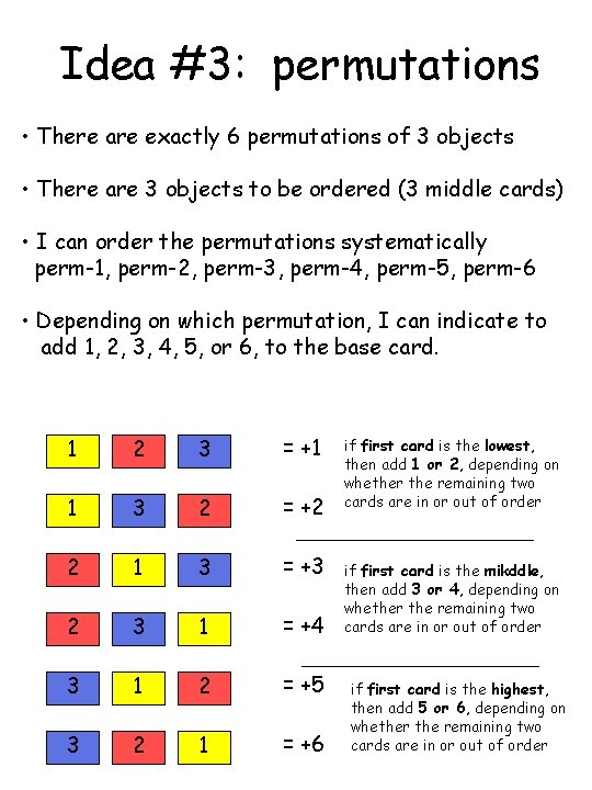 Idea #3: permutations • There are exactly 6 permutations of 3 objects • There