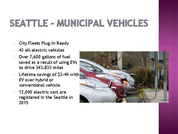 SEATTLE – MUNICIPAL VEHICLES City Fleets Plug-In Ready 43 all-electric vehicles Over 7, 600