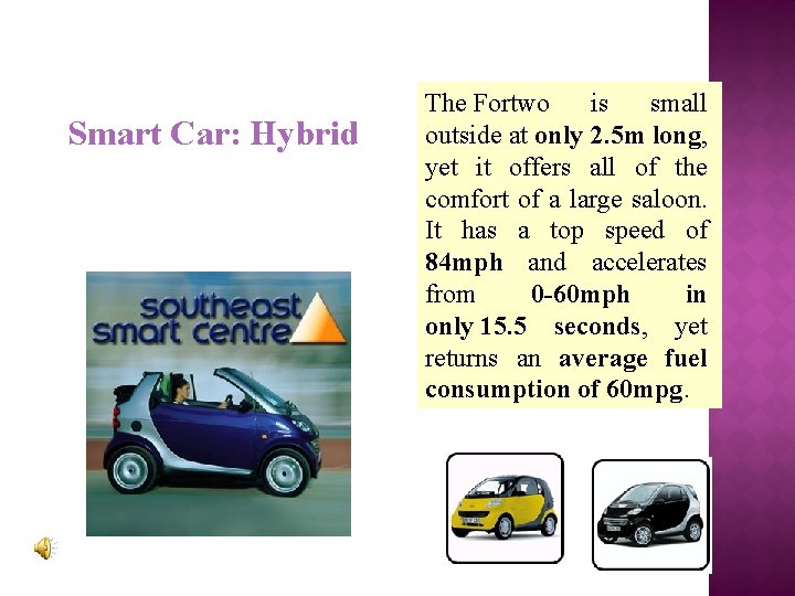Smart Car: Hybrid The Fortwo is small outside at only 2. 5 m long,
