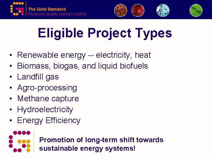 Eligible Project Types • • Renewable energy -- electricity, heat Biomass, biogas, and liquid