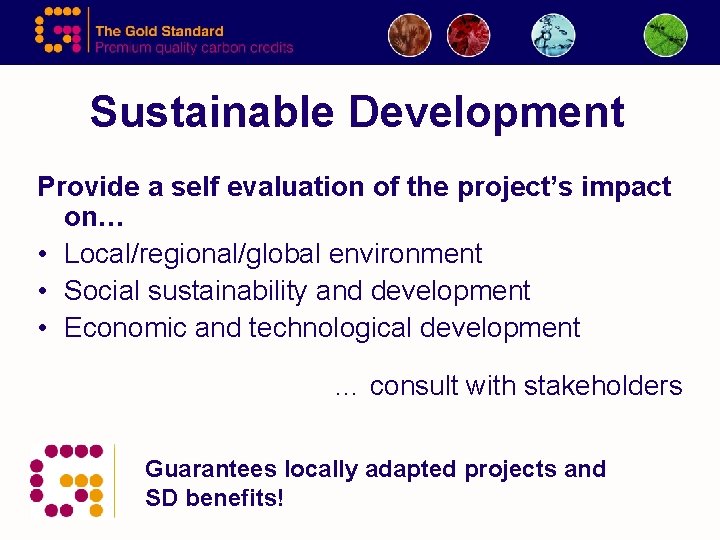Sustainable Development Provide a self evaluation of the project’s impact on… • Local/regional/global environment