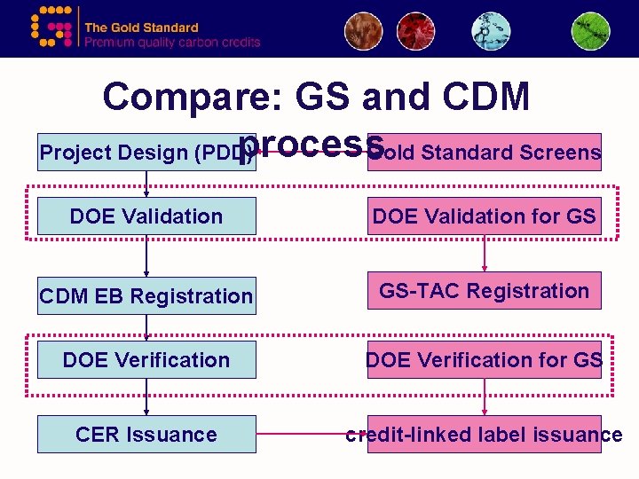 Compare: GS and CDM process Project Design (PDD) Gold Standard Screens DOE Validation for