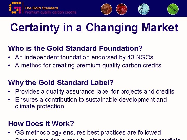 Certainty in a Changing Market Who is the Gold Standard Foundation? • An independent