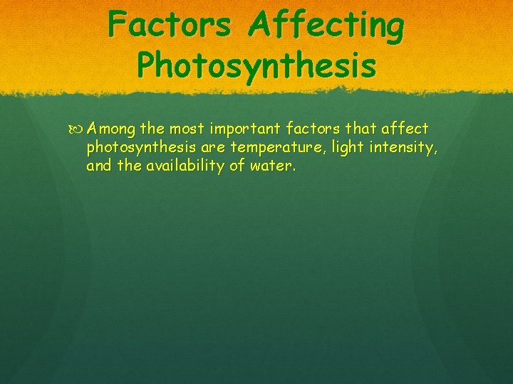 Factors Affecting Photosynthesis Among the most important factors that affect photosynthesis are temperature, light