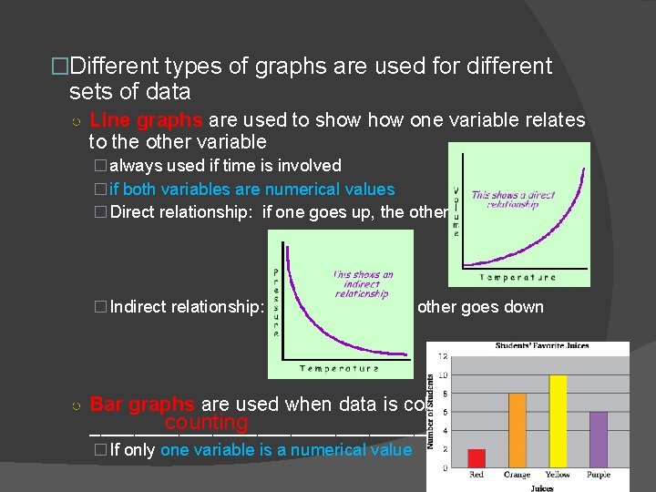 �Different types of graphs are used for different sets of data ○ Line graphs