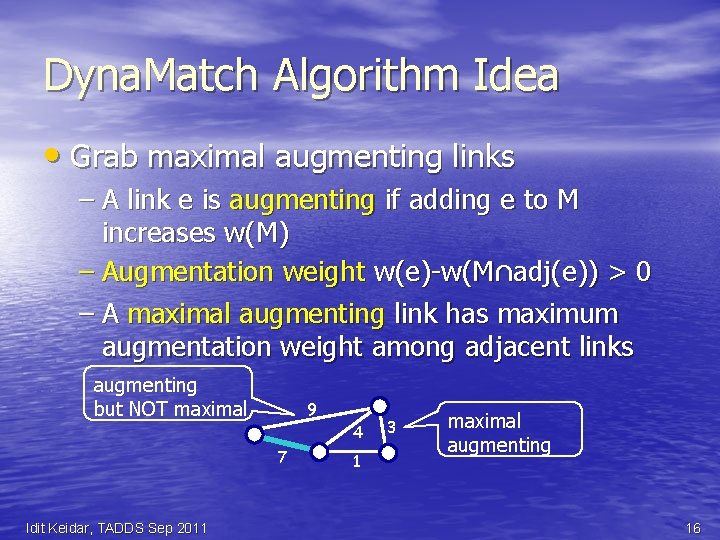 Dyna. Match Algorithm Idea • Grab maximal augmenting links – A link e is