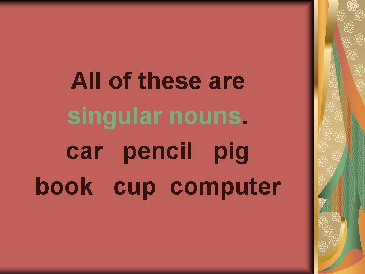 All of these are singular nouns. car pencil pig book cup computer 