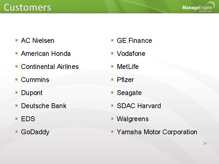 Customers AC Nielsen GE Finance American Honda Vodafone Continental Airlines Met. Life Cummins Pfizer