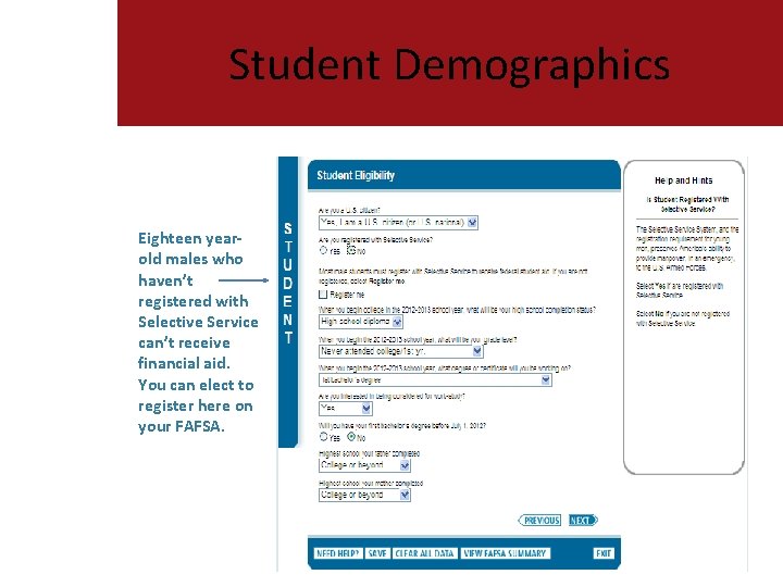 Student Demographics Eighteen yearold males who haven’t registered with Selective Service can’t receive financial