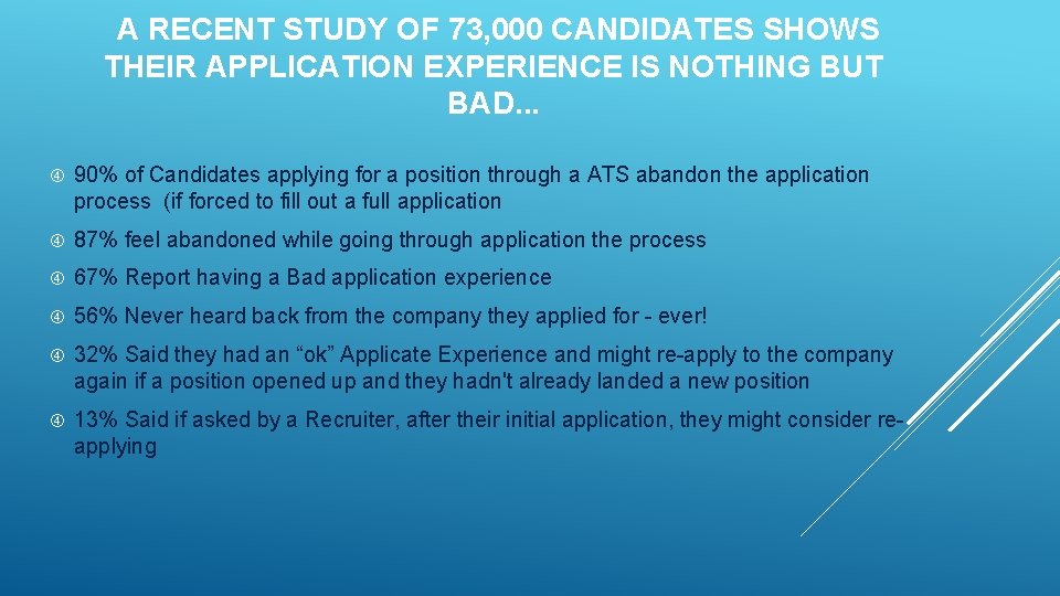 A RECENT STUDY OF 73, 000 CANDIDATES SHOWS THEIR APPLICATION EXPERIENCE IS NOTHING BUT A RECENT STUDY OF 73, 000 CANDIDATES SHOWS THEIR APPLICATION EXPERIENCE IS NOTHING BUT