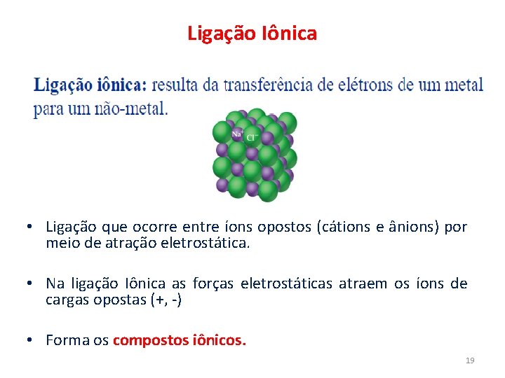 Ligação Iônica • Ligação que ocorre entre íons opostos (cátions e ânions) por meio