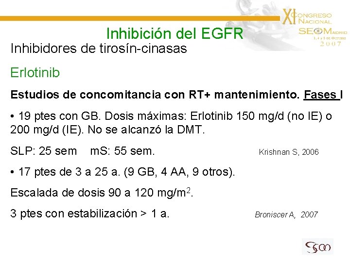 Inhibición del EGFR Inhibidores de tirosín-cinasas Erlotinib Estudios de concomitancia con RT+ mantenimiento. Fases