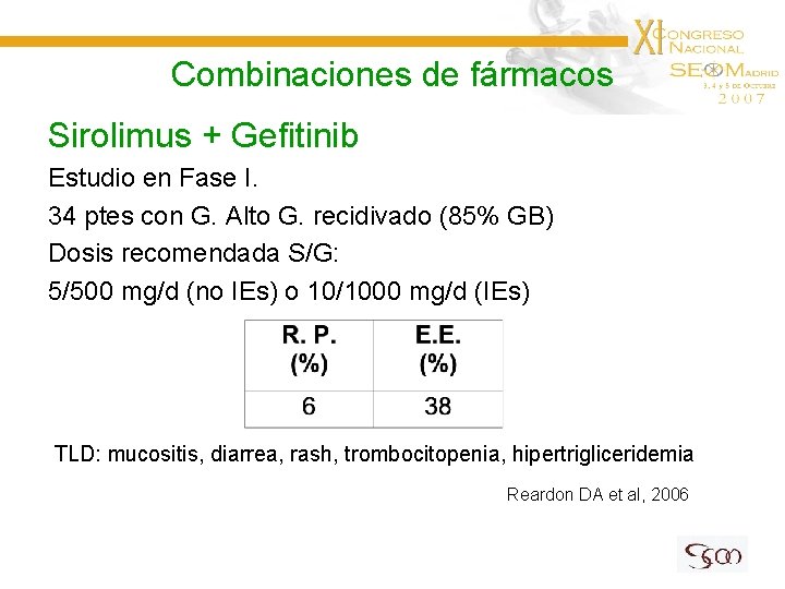 Combinaciones de fármacos Sirolimus + Gefitinib Estudio en Fase I. 34 ptes con G.