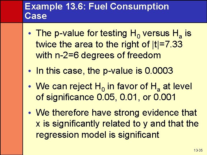 Example 13. 6: Fuel Consumption Case • The p-value for testing H 0 versus