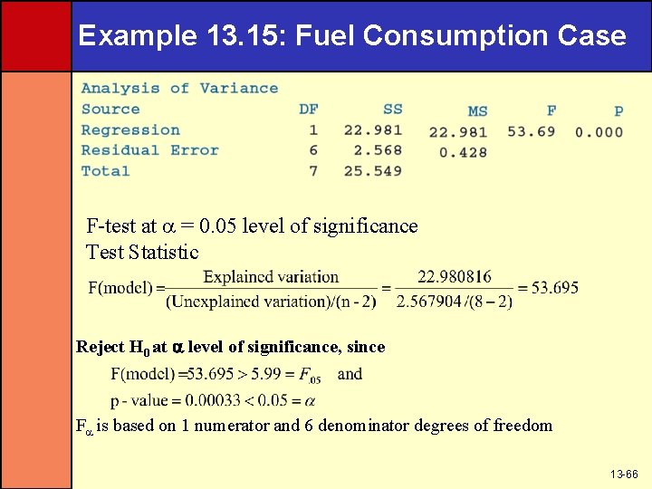 Example 13. 15: Fuel Consumption Case F-test at = 0. 05 level of significance