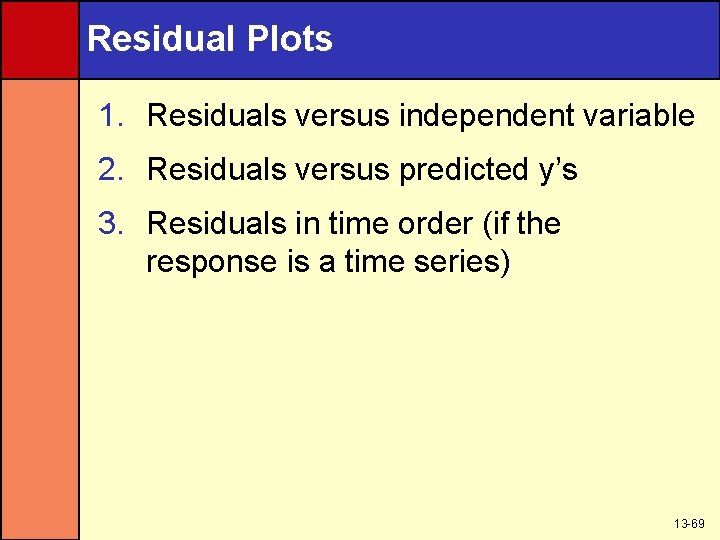 Residual Plots 1. Residuals versus independent variable 2. Residuals versus predicted y’s 3. Residuals