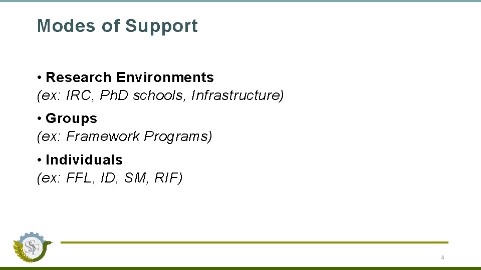 Modes of Support • Research Environments (ex: IRC, Ph. D schools, Infrastructure) • Groups