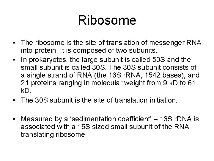 Ribosome • The ribosome is the site of translation of messenger RNA into protein.
