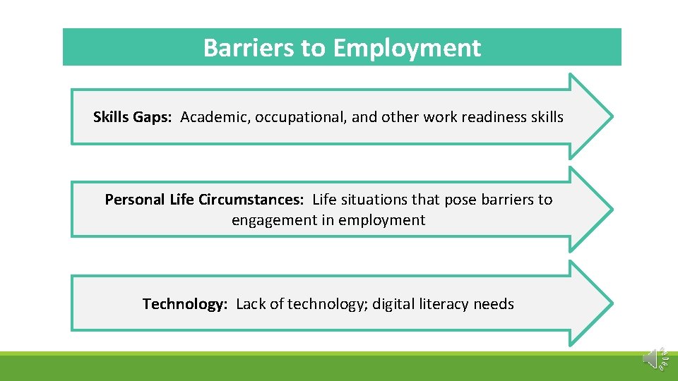 Barriers to Employment Skills Gaps: Academic, occupational, and other work readiness skills Personal Life