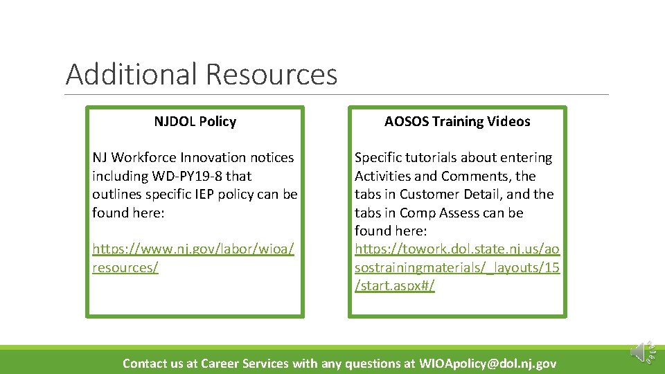 Additional Resources NJDOL Policy AOSOS Training Videos NJ Workforce Innovation notices including WD-PY 19